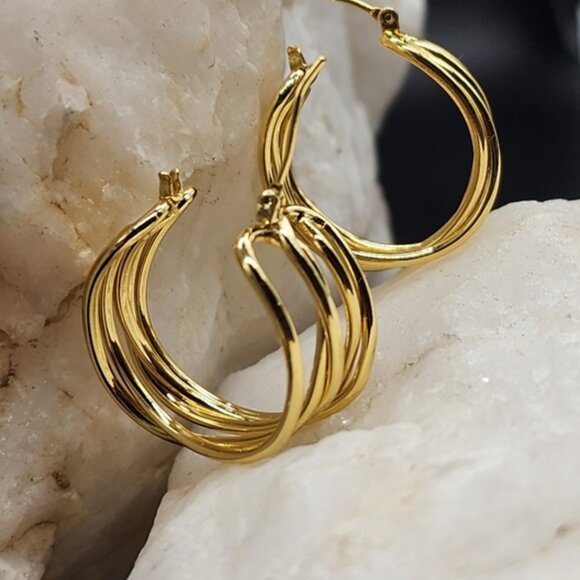 Rhodium/ 18 kt Gold Plated Hoops Earrings/Studs Contemporary Design - Picture 5 of 10